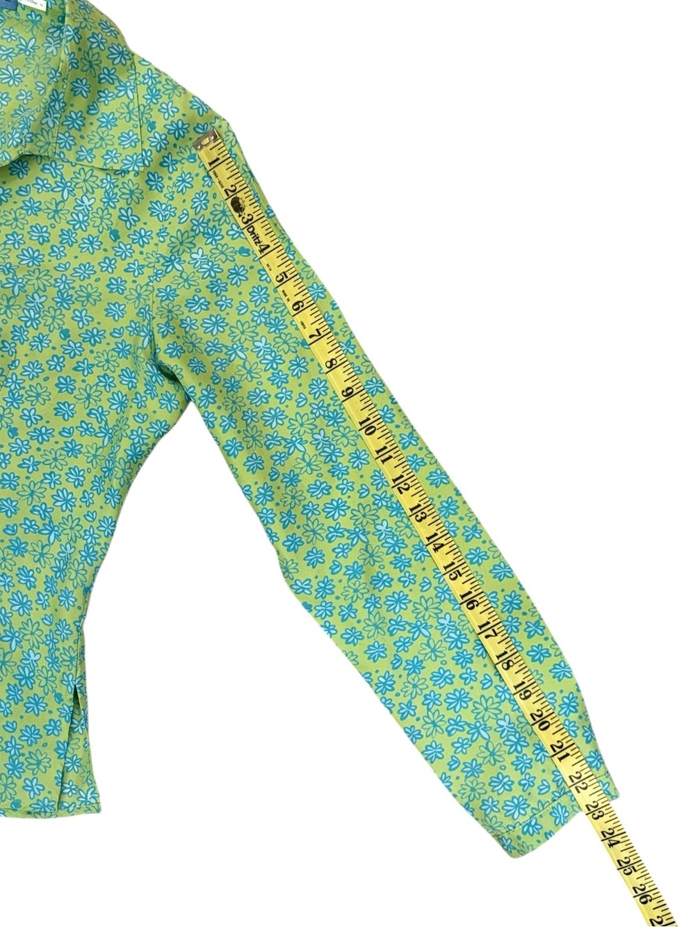 Provence d’amour 100% Silk Y2K Floral Blouse Lime Green Blue Daisy Print Medium - Picture 14 of 15